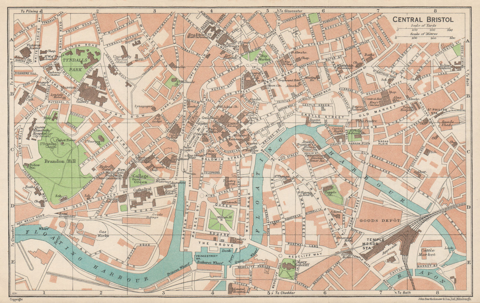 BRISTOL CENTRAL. Vintage town city map plan. Gloucestershire 1950 old